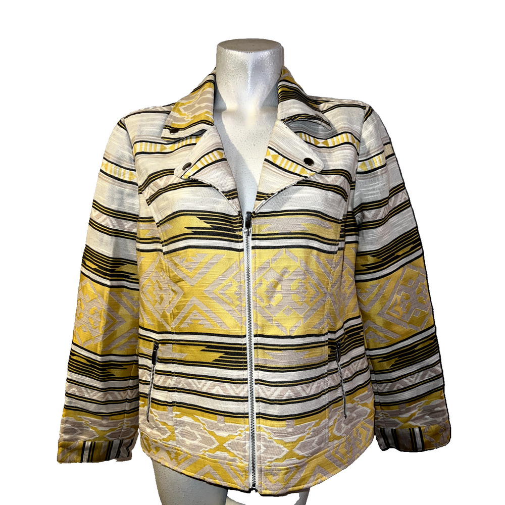 New CHICO'S Size L (2) Yellow Beige Aztec Jacquard Moto Lined‎ LS Zip Jacket NWT